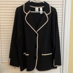 100% wool black sweater blazer with white piping accents